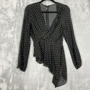 Babydoll Top Y2K Black Glitter Lined Chiffon Sheer Long Sleeve Asymmetric Hem S